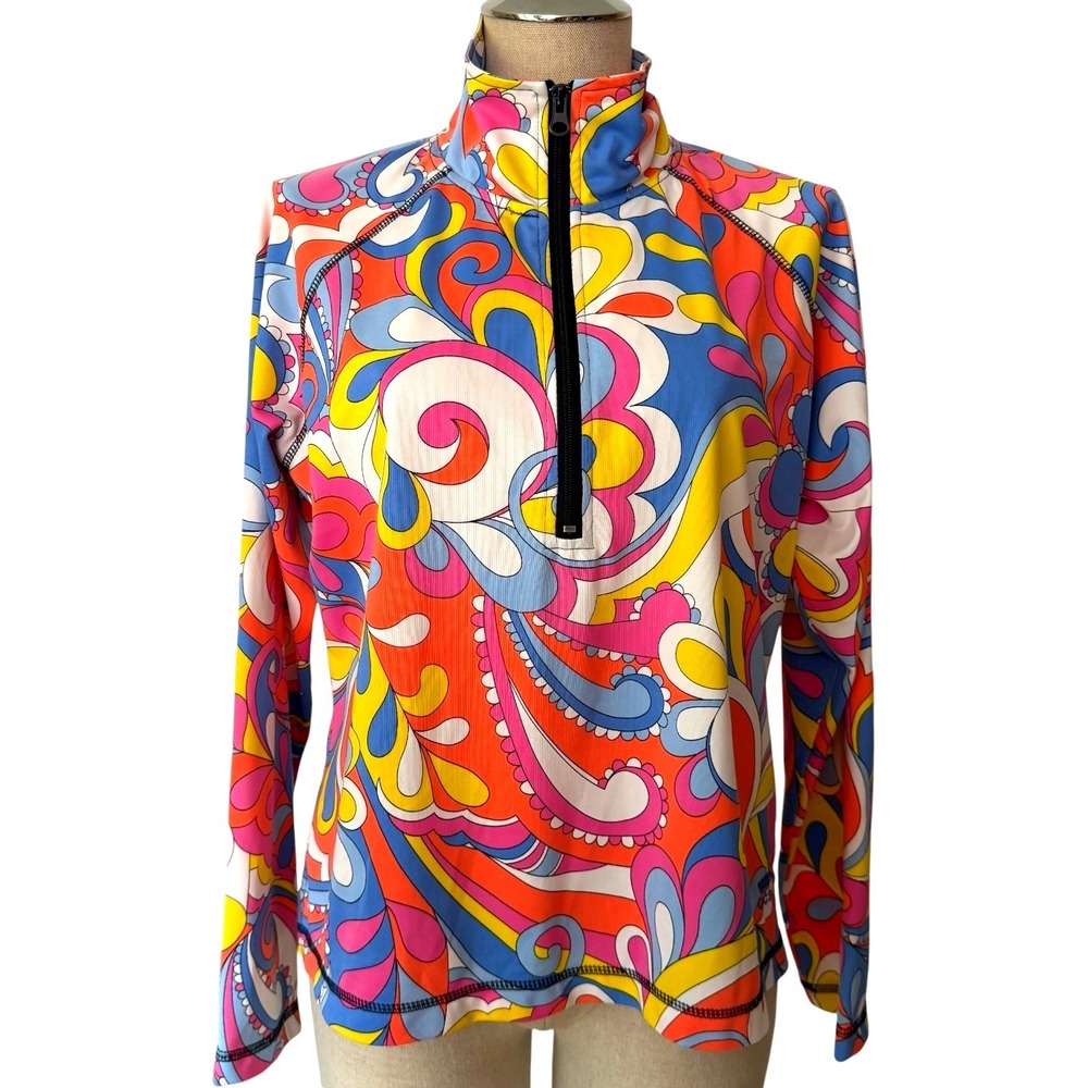 Womens Oleg Cassini Sport Pullover Polyester Psychedelic Paisley 1/4 Zip Size L